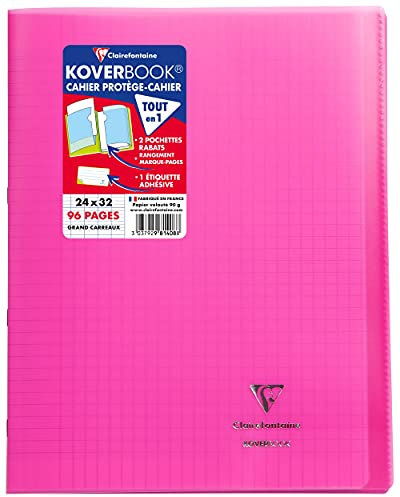Clairefontaine 981408C QUADERNO a punto metallico Koverbook rosa - 24x32 cm - 96 pagine a quadretti grandi - Carta bianca 90g - copertina in polipropilene