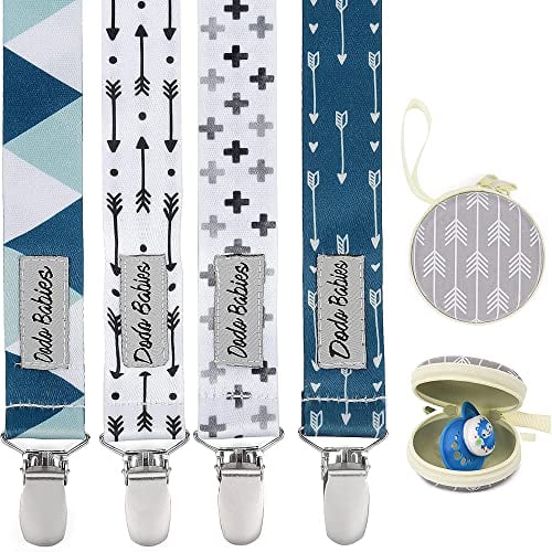 Dodo Babies Schnullerclip-Set mit Binky-Etui – Beißspielzeug und Autositze – blaue und blaugrüne Drucke