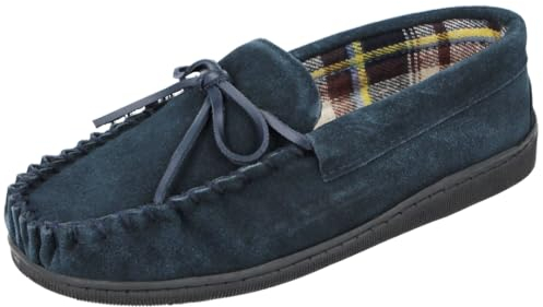 Cushion Walk Mens Real Suede Leather Moccasin Slippers, (UK 8, Navy)