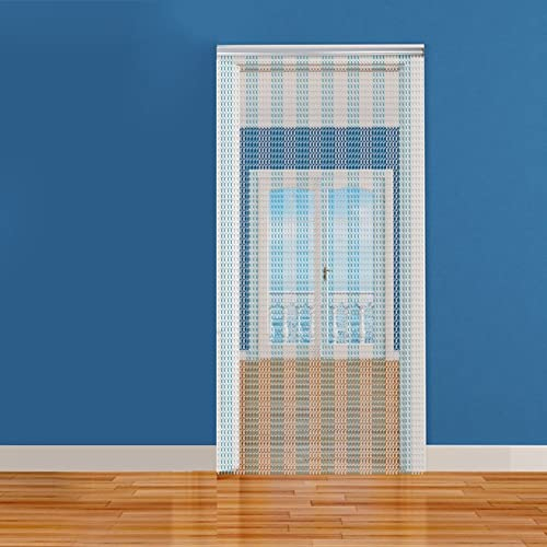 Rideau en Aluminium avec Chaînette, Rideau de Porte Moustiquaire Anti-Insectes, Rideau à Chaîne en Aluminium Décoration de Porte 90 × 214,5 cm (Argent + Bleu)