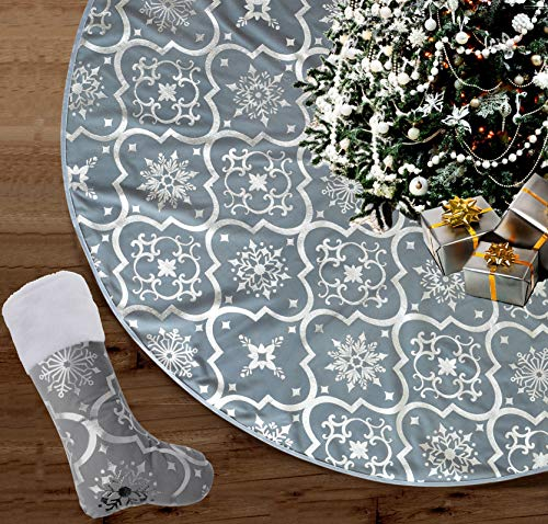 122cm Weihnachtsbaum Decke,Tannenbaum Decke mit weihnachtsstrumpf,Weihnachtsbaum Rock mit Schneeflockenmuster Christbaumdecke für Weihnachten, Urlaub, Party (Grau)