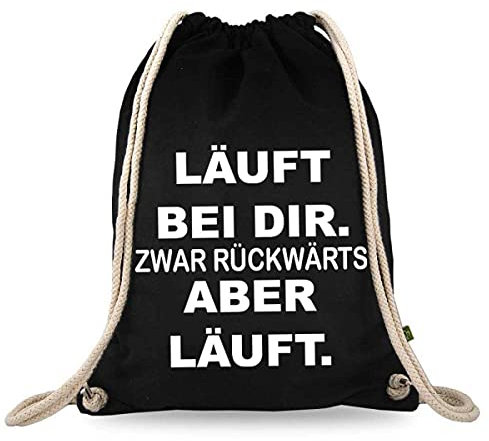 Turnbeutelliebe® Turnbeutel mit Spruch - Lustig - Frauen - Männer - Kinder - Baumwolle schwarz - Sportbeutel - Rucksack - Stoffbeutel (Läuft bei dir zwar Rückwärts aber Läuft)
