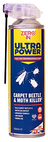 Zero In Ultra Power Carpet Beetle & Moth Killer - 500 ml Dual Action Aerosol Indoor Use Fast-acting, Advanced Formula Kills on Contact
