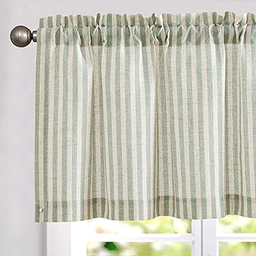 TOPICK 1 Stück H 40 x B 125 (cm) Scheibengardine Gestreift Leinen Gardinen mit Streifen Küchenvorhang Blickdicht Kurz Küchengardinen für Küchen Esszimmer Badezimmer Klein Fenster Grün auf Beige