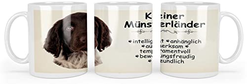 Merchandise for Fans Becher aus Keramik - 330 ml Motiv: Kleiner Münsterländer Hund mit Spruch Charaktereigenschaften (01)