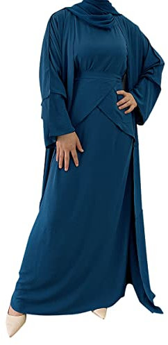 Damen Muslim Abaya Kleid Dreiteiliges Set Islamisches Gebet Robe Open Front Flowy Maxi Cardigan Kleid, Blau, X-Large