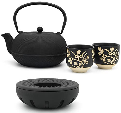Bredemeijer Gusseisen Teepot Set 1.0 Liter Teekanne mit Teewärmer & 2 Porzellan-Tassen (Becher) & Edelstahl Tee-Filter Sieb-Einsatz - ideal für lose Teesorten