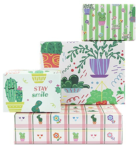 Geluode Kaktus-Geschenkpapier, 4 Bögen 2 Stile grüne Pflanze tropische Geschenkpapier, 50 x 70 cm, niedliches Geschenkpapier für Geburtstag, Hochzeit, Babyparty, Sommerurlaub