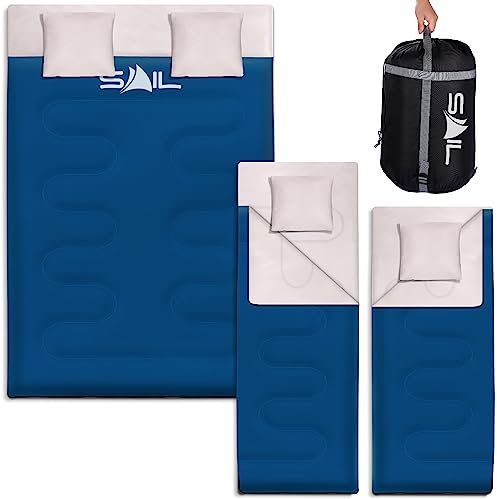 SAIL Double Sleeping Bag with 2 Pillows Extra Large 3-4 Season Lightweight,Waterproof Indoor & Outdoor Use for Adults for Hiking, Backpacking and Camping - Blue