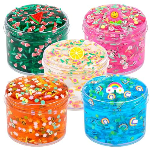 5 Pack Fluffy Clear Making Slime Kit, Making Crystal Crunchy Glitter Slime Charms Party Favor, Stress Relief Toy for Girls and Boys, Soft Non-Stick Putty Slime for kids, Birthday Glue Bag Fillers