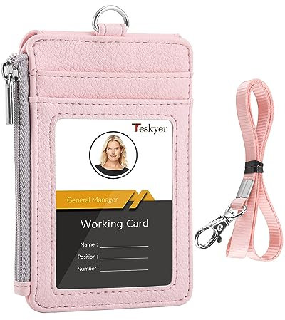 Teskyer Porte Badge tour de Cou, Portefeuilles de Carte de Crédit Minces, Porte Carte avec Poche à Glissière, 1 Fenêtre d’Identification, peut Contenir Jusqu’à 4 Cartes, Cuir PU, Pâle Rose