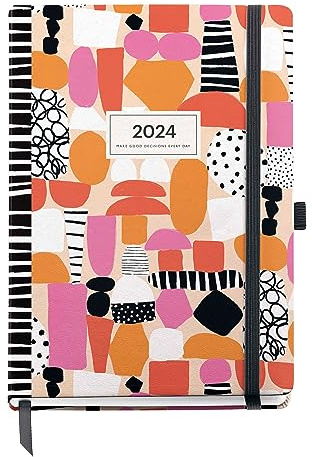 Miquelrius - Jahresplaner 2024, Tagesansicht, Plus Größe 155 x 213 mm (ähnlich A5), fester Einband, genähter Einband, Gummiverschluss, Katalanisch, Englisch und Portugiesisch, Abstrakte Kunst