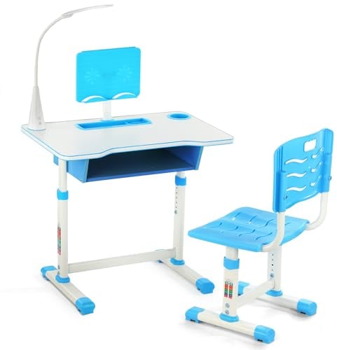 Schreibtisch Kinder Höhenverstellbar, Kinderschreibtisch für Mädchen, Jugendschreibtisch Schülerschreibtisch mit Bücherständer Schublade & LED-Licht, Ergonomischem Schreibtischstuhl Stuhl(Blau).
