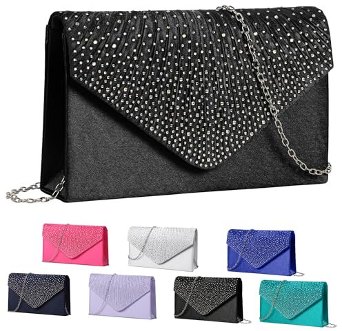 Fililogor Pochette Donna Elegante Nera Borse a Tracolla da Donna, Pochette da Sera Nera Lucida con Chiusura a Busta Cinghie a Catena a Tracolla per il Ballo di Fine Anno, la Festa (Nero)