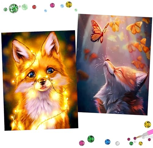 Uirheurd Diamond Painting Fuchs 2 Pcs DIY 5D Diamant Malerei Kit Diamond Painting Erwachsene Kinder Fuchs und Schmetterling Und Fuchs mit Lichterkette Diamant Painting Bilder 25 * 35cm (Fuchs)