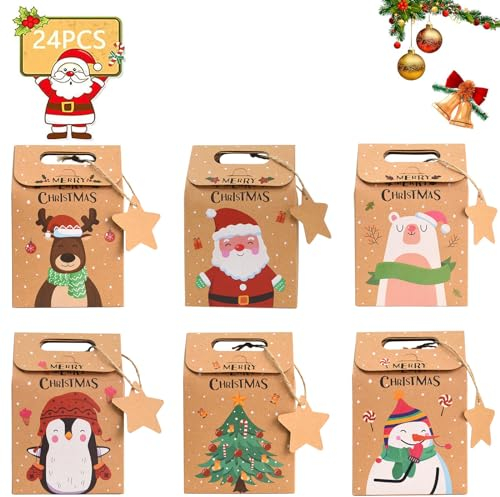 Tceapoo 24 Stück Geschenktüten Weihnachten, Weihnachtstüten Papiertüten mit Griff, Weihnachtstaschen Kraftpapiertüten Geschenktasche für Weihnachten Partys (14 x 9.4 x 6 cm)