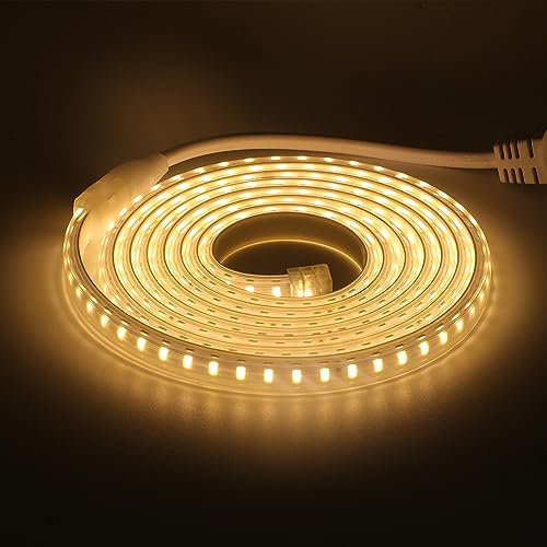 HEGEHE Ruban LED, Lumière au LED IP65 étanche 220V Bandeau flexible Ruban LED Light Strip pour Escalier, Chambre, Cuisine Intérieur/Extérieur (Blanc Chaud, 3M)