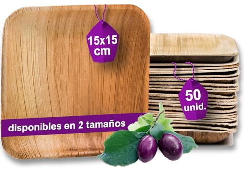 Waipur 50 Platos Desechables de Hoja de Palma Orgánicos - Cuadrado 15x15 cm - Vajilla Ecológica - Estable, Natural y Biodegradable - Elegantes para Fiestas - similar al Bambu