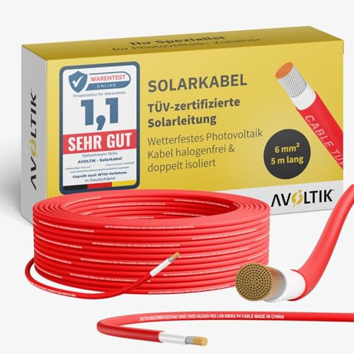 Avoltik Solarkabel 6mm2 in 5 m I TÜV-zertifizierte Solarleitung für Photovoltaik 1500V I robustes Solar Verlängerungskabel H1Z2Z2-K I wetterfestes Photovoltaik Kabel halogenfrei & doppelt isoliert