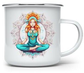 MAXIKIWI - Taza de café o té esmaltada duradera para uso en interiores y exteriores - Yoga Girl y Mandala - 350 ml