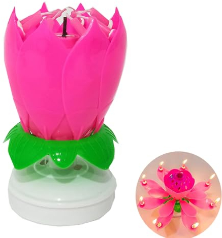 FaJoek Geburtstagsfontäne 'Happy Birthday', Rotierende Lotusblüte mit Musik, Geburtstagskuchen-Dekoration, Musik Blumenkerzen, Geburtstagsfontäne Rose (Rosa-A)