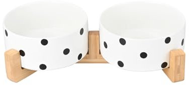 SPUNKYJUNKY Gamelle Double en céramique avec Support en Bambou pour Chat et Chien (400ml, Motif de Points)