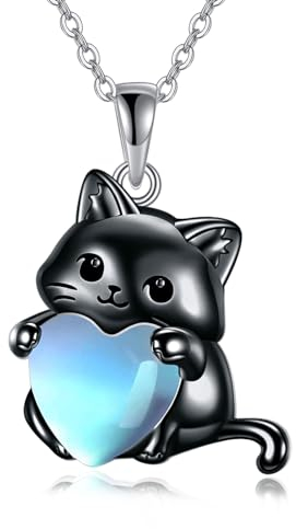 YFN Katze Schmuck Geschenke für Damen Sterling Silber Geburtsstein Katze Halskette Weihnachts Schmuck für Mädchen (black)