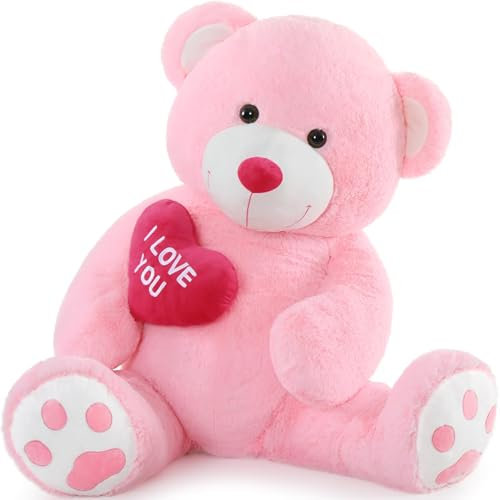 MorisMos Orso Peluche Gigante Rosa con Cuore, I Love You Orsacchiotto Orsetto di Peluche Grande Morbido, Carini Regalo San Valentino per Ragazze Bambini Fidanzata Donna (90cm)