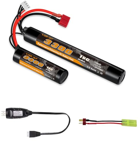 VICMILE 3300mAh Airsoft Battery 11.1V Nunchuck Battery with Dean-Style T Plug and Mini Tamiya Cable 3S Rechargeable Stick Shape Butterfly Fit for aeG AK47 M4 MP5 and Most Airsoft Model Guns Rifles