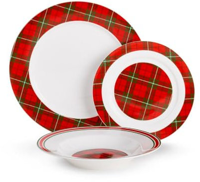 Nuvole di stoffa Servizio piatti natalizi 6 posti, set 18 piatti in porcellana tartan scozzese, vintage Cartolina di Natale D26.7/D21.6/D20.3 cm