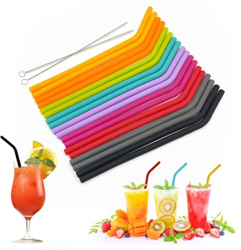 TSHAOUN 18 Pièces Pailles en Silicone Réutilisable, Adulte Enfants Coloré Courbées Pour Boissons Froides, Sûr et Écologique Avec 2 Brosses de Nettoyage