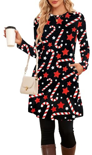 SENBATU Jumper Dress for Women UK Winter Autumn Swing Christmas Dresses for Women with Pockets XX-Large Christmas Cane