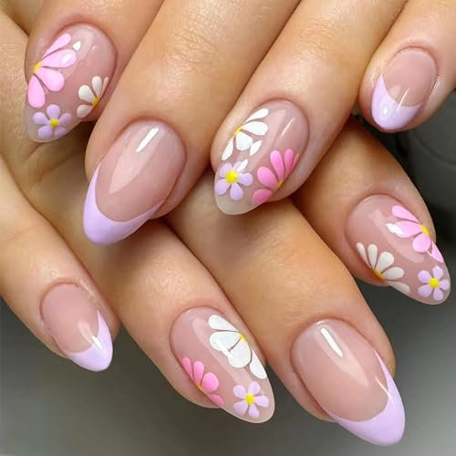 Auiremrti Press On Nails Lot de 24 faux ongles - French Manucure française avec motif floral - Avec lime à ongles, bâtonnets de sabot, colle gelée et colle à ongles