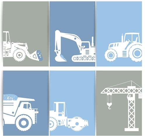 Papierkind™ 6er Poster Set Baustellenfahrzeuge – Bagger Kran Radlader Kipplaster & Walze | DIN A4 Baumaschinen Baustellen für Kinderzimmer Wanddeko | Ohne Rahmen (B13)