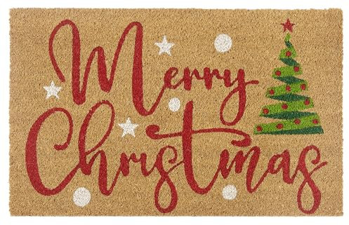 Hanse Home Kokos Fußmatte Weihnachten - rutschfeste Schmutzfangmatte Natur für Innen, Fußabtreter Merry Christmas Tree Kokosfaser Kokosmatte für Eingangsbereich & überdachten Außenbereich - 40x70cm