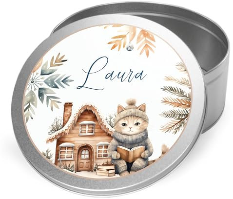 GRAZDesign Keksdose personalisiert Weihnachten Katze rund aus Blech Vorratsdose