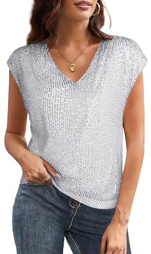 Damen Glitzer Shirt Kurzarm Oberteile Glänzend Pailletten Tops Elegant Festlich Tunika Bluse Weihanchten Party Silber M
