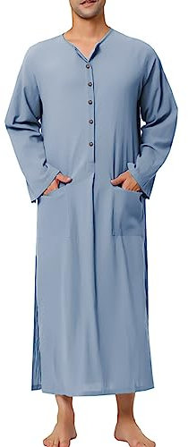 Beokeuioe Nachthemd Lang Nachtshirts Langarm Nachtwäsche Herren Pyjama Oberteile Baumwolle Weich Atmungsaktiv Pyjamakleider Lounge Wear Robe V-Ausschnitt Kaftan Morgenmäntel