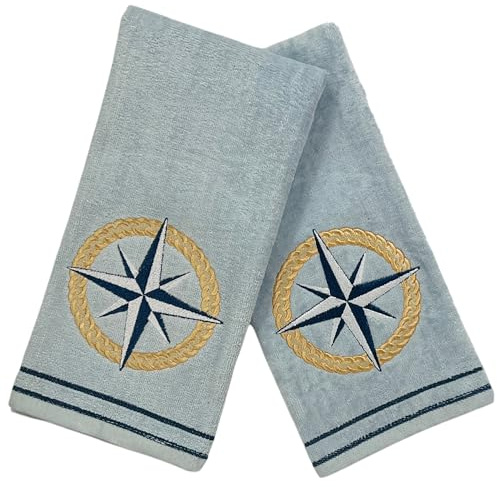 Serafina Home Nautical Compass Embroidered Bath Hand Towel Set, 16 x 25 inches, 2 Piece, 100% Soft Cotton