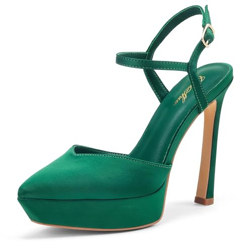 GENSHUO Sandalias de tacón alto para mujer, con correa en el tobillo, zapatos de tacón cerrado, sexy, 13 cm/5 pulgadas, para fiesta de graduación, Satén Verde, 42 EU