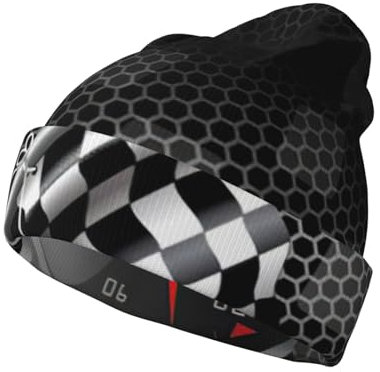 JEJEA Warme Wintermütze mit karierter Flagge, Rennmuster, Unisex, modisch, Strickmütze, warme Mütze für Erwachsene, kaltes Wetter, Totenkopfkappe, Schwarz, Schwarz , Einheitsgröße