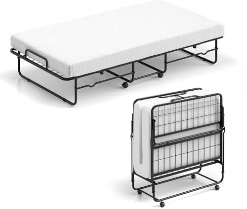 GOPLUS Gästebett klappbar 90×190cm, Klappbett mit Matratze aus Schaumstoff, Metallrahmen, Universalrollen, Einzelbett klappbar für Gästezimmer, Büro & Wohnzimmer (90×190cm)