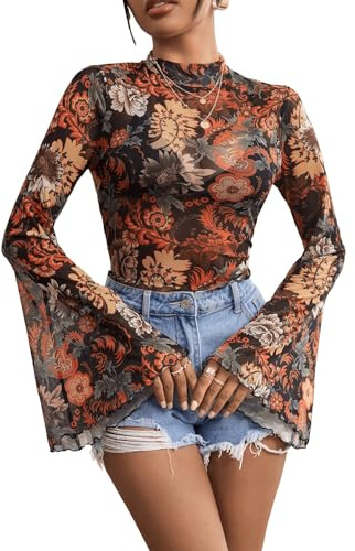 GORGLITTER Women's Floral Mesh Bell Long Sleeve Tops Mock Neck Cropped T Shirts Vintage Elegant Top Black Large