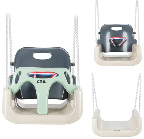 COIL Balançoire pour bébé 3 en 1, siège réglable, avec siège à bascule croissant, balançoire de jardin, pour bébé et enfant, avec dossier et sangle de fixation, charge maximale : 60 kg, olive