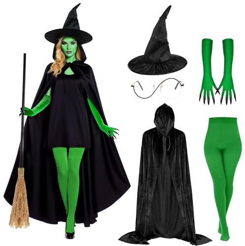 Halloween Hexenkostüm Damen,Böse Hexe Kostüm mit Hexenhut,Hexenumhang,Brille,Grünen Handschuhen mit Krallen,Oberschenkelhohe Strümpfe, Hexen kostüm für Halloween,Karneval Dress Up Party,Cosplay
