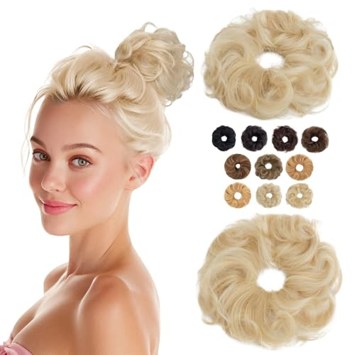 MY-LADY Haarteil Mit Gummiband Dutt Haarteil Haargummi Mit Haaren Locken 100% Echthaar, Hochsteckfrisuren Haarverlängerung für Damen Mädchen (#613 Blond,23g)