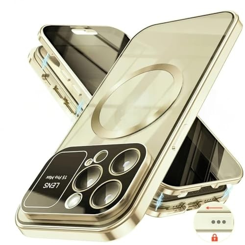 SSASMEU Sichtschutzhülle mit großem Fenster für iPhone 16 15 14 13 12 Pro Max 16Plus 16Pro, magnetische Metallhülle mit mattiertem Rückglas, kabellose Ladehülle, Gold, für iPhone 16Plus