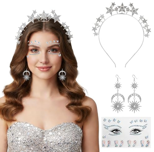 Vxcvzv Haarreif Stern Set 3 Teile Mit Strasssteinen Gesichtstattoos Silber Glitzer Für Karneval Fasching Sonne Mond Sterne Kostüm Mottoparty