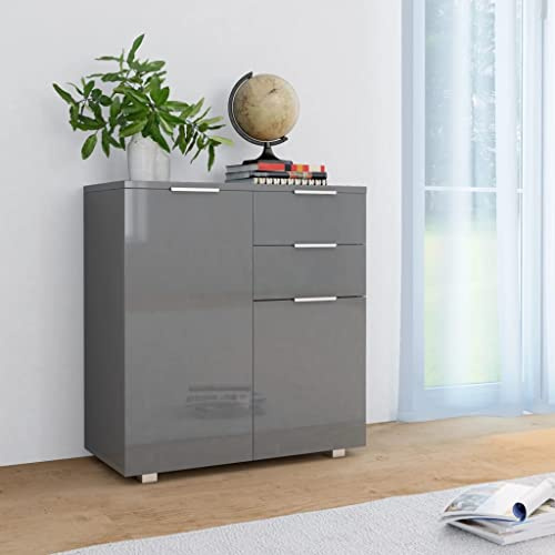 ULUYYUC Buffet Gris Brillant 71 x 35 x 80 cm en Bois d'ingénierie Haute Brillance 2 tiroirs 2 Portes Meuble de Rangement Cuisine Salle à Manger Salon Chambre