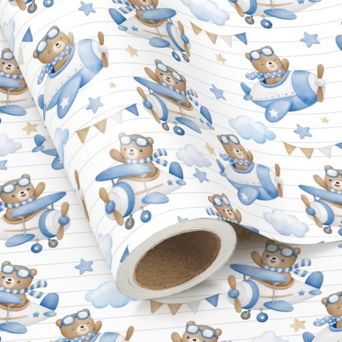 RUSPEPA Geschenkpapierrolle „Bär“ – Minirolle – 43,2 cm x 5 m – Flugzeug-Teddybär-Design, ideal für Jungengeburtstage und als Geschenk zur Geburt